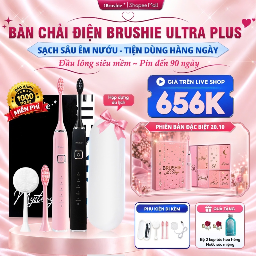 [GIÁ 540K TẠI LIVE SHOP] Bàn Chải Điện Brushie Ultra Lông Mềm 2in1 Rửa Mặt, Quà Tặng Cho Nữ 20/10 quà tặng người yêu LIS
