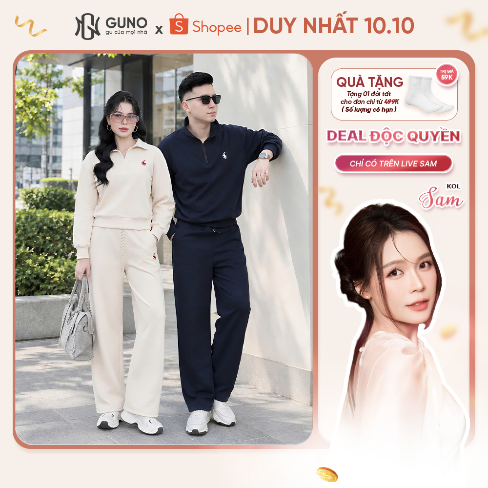 Bộ Quần Áo Nỉ Nam Nữ GUNO Kéo Khóa Cổ Thêu Ngựa Kèm Quần Suông Hack Dáng Bộ Thu Đông Cao Cấp 26BG200