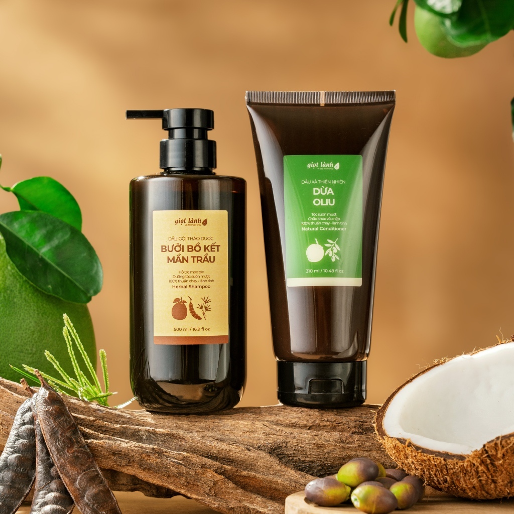Cặp dầu xả, dầu gội bồ kết bưởi mần trầu - Dầu xả thiên nhiên dừa oliu thuần chay hỗ trợ mọc tóc Giọt Lành