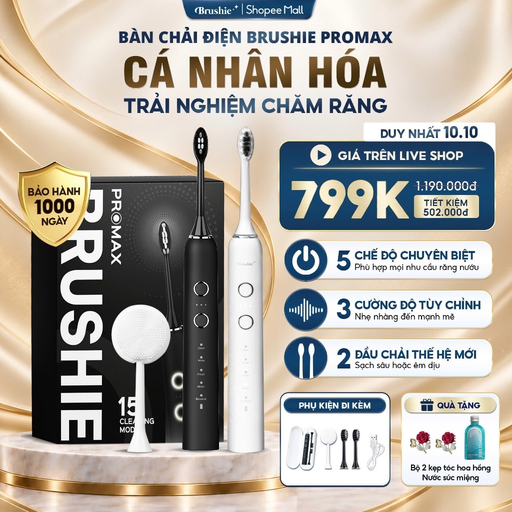 [SĂN 631K LIVE SHOP] Bàn Chải Điện BRUSHIE Promax Cá nhân hóa 15 Chế Độ Làm sạch Phù Hợp Răng Nhạy Cảm, Răng Niềng LIS