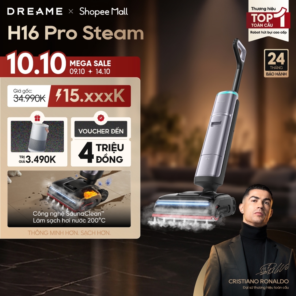 Dreame H16 Pro Steam Máy hút bụi lau sàn không dây | Lực hút 28.000 Pa | Lau sàn hơi nước 200℃ | BH 24 tháng