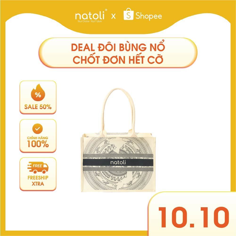 Túi cói vintage, túi đi biển NATOLI đi du lịch, đi chơi có khóa kéo đựng đồ tiện lợi BST Artisan Eco Jute Tote T36