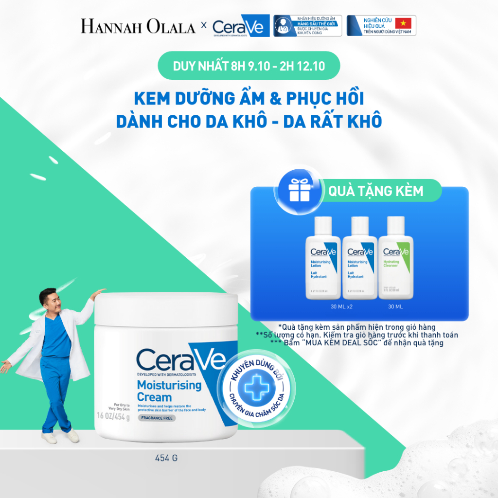 Kem dưỡng ẩm phục hồi sâu và ẩm mịn suốt 48H dành cho da khô, duy trì hàng rào bảo vệ da CERAVE MOISTURISING CREAM 454G