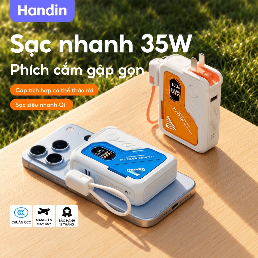 【CCC+Qi】Handin Pin Sạc Dự Phòng 30000mAh 22.5W | 35W 5 Trong 1 Sạc Không Dây Tích Hợp 2 Dây Type-C + Đầu L Giá Đỡ Điện