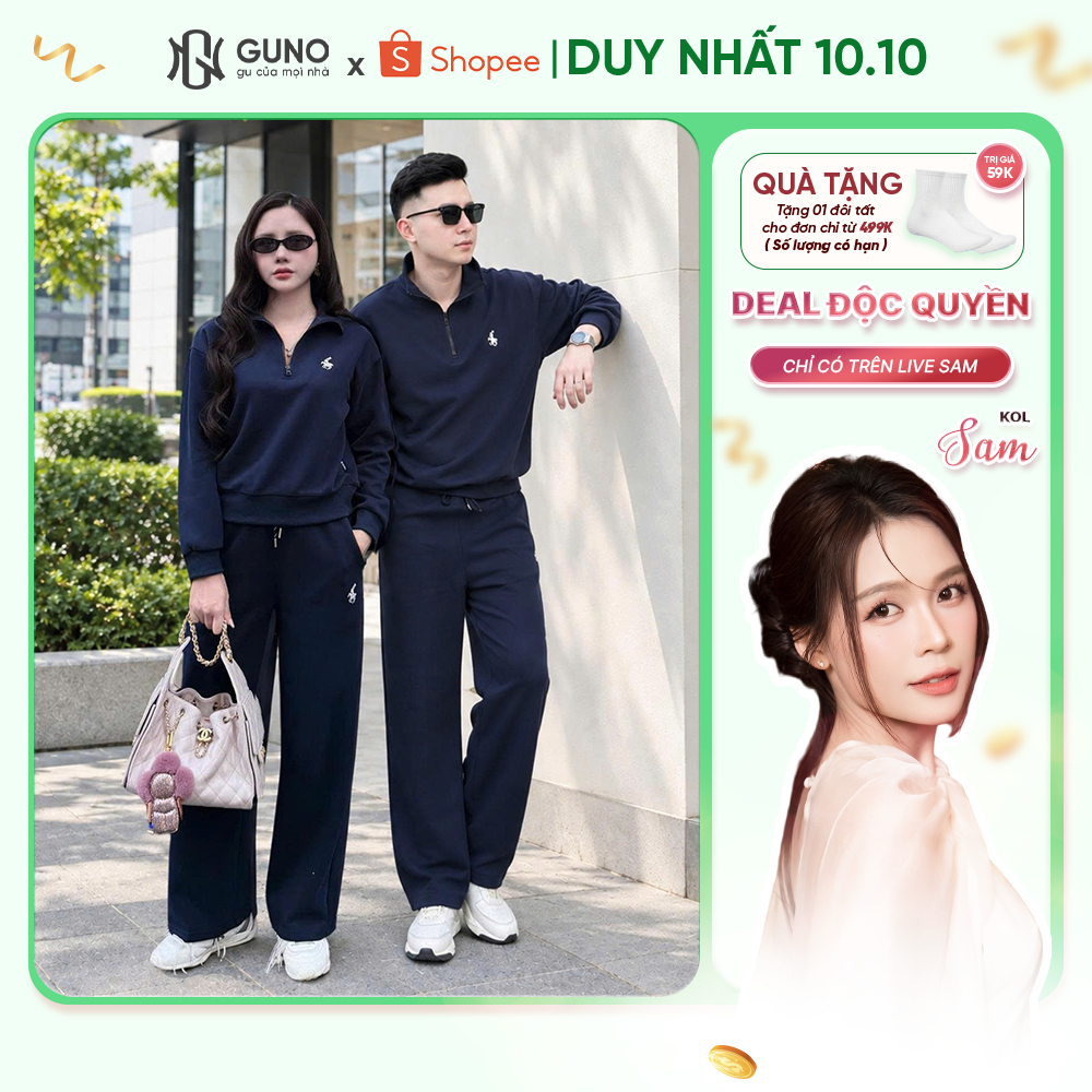 Set Bộ Nỉ Thu Đông GUNO Nam Nữ Cổ Khóa Kéo Quần Suông Form Rộng Nỉ Hai Da Cao Cấp 26BG200/BB230