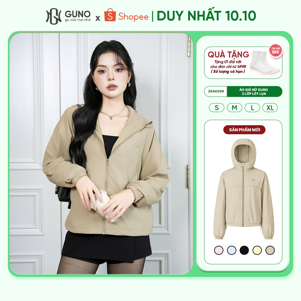 Áo Khoác Gió Thu Đông Nữ GUNO 2 Lớp Lót Lụa Dày Dặn Giữ Ấm Có Mũ Trùm Đầu Cao Cấp 26AG206