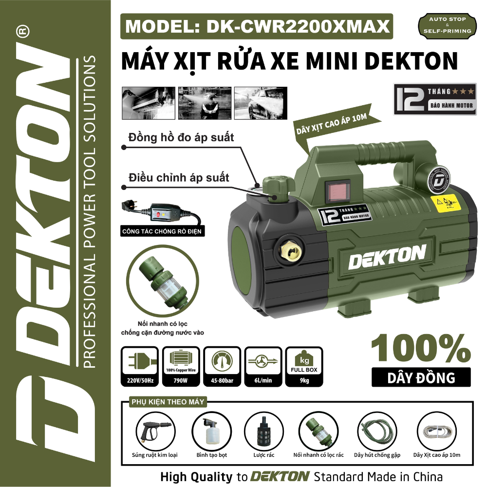 Máy rửa xe chỉnh áp DEKTON DK-CWR2200XMAX, Động cơ đồng, 790w, 80 bar, 6L/min, Có chống giật