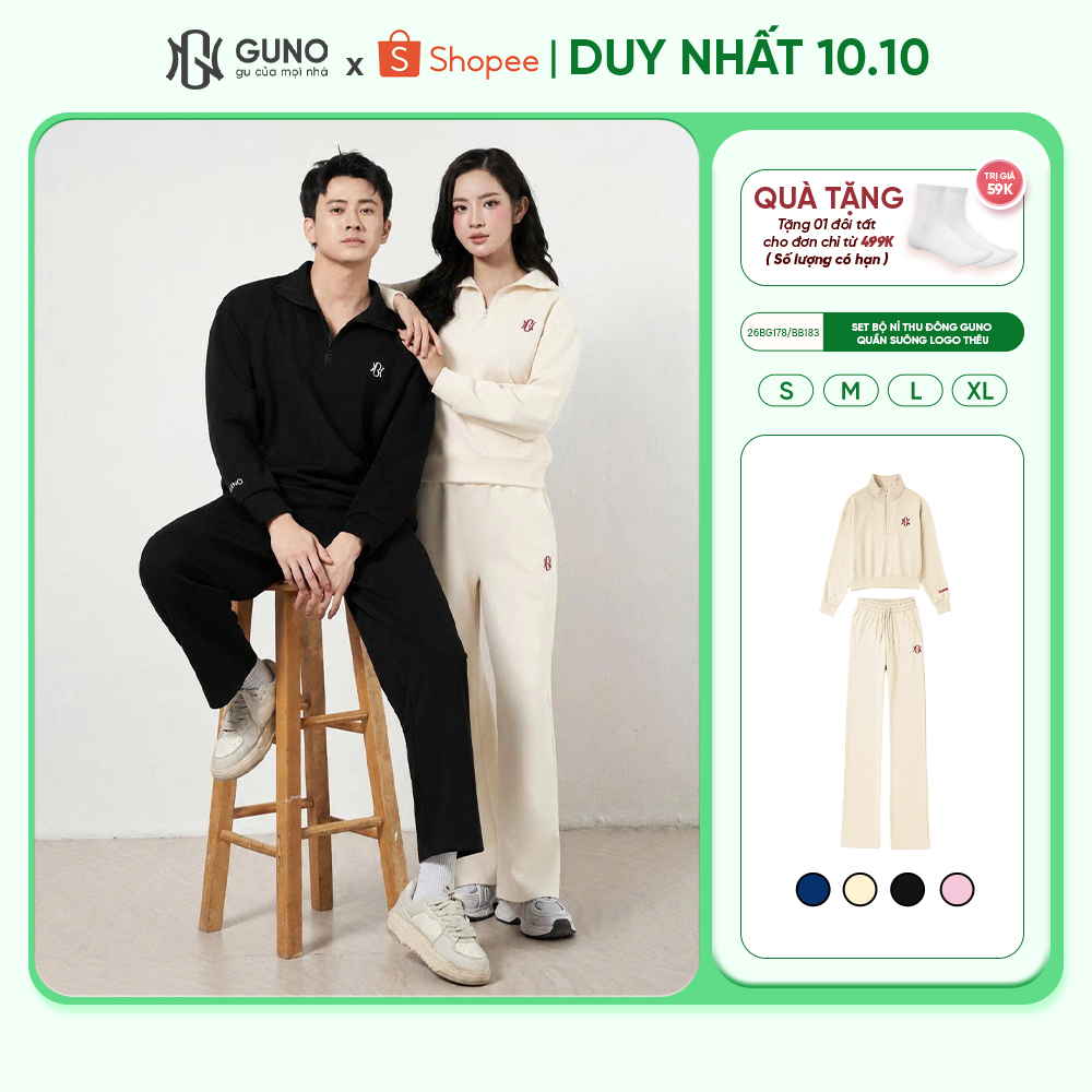 Bộ quần áo nỉ nam nữ GUNO cao cấp vải nỉ modal kéo khoá cổ kèm quần suông logo thêu 26BG178/BB183