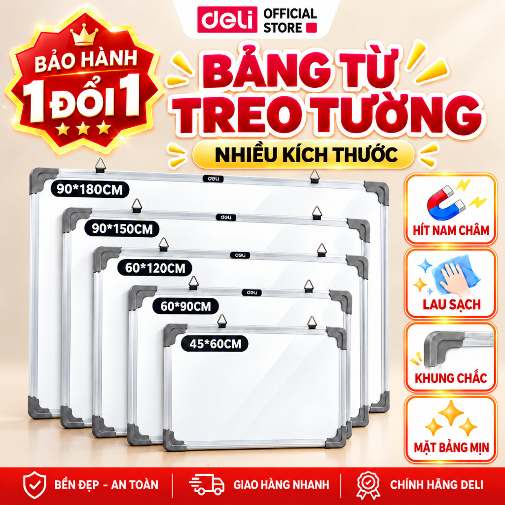 Bảng Từ Trắng Deli Treo Tường Nhiều Kích Thước – Bảng Mica Nam Châm Viết Bút Lông Kèm Khay Đựng