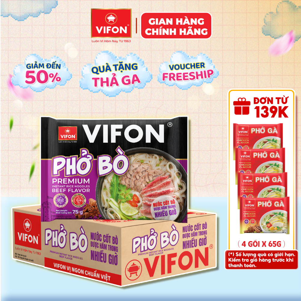 [VOUCHER HOT 10%] Thùng 24 Phở Bò VIFON Có Gói Nước Cốt Bò - Cung Cấp Dinh Dưỡng, 75g/Gói