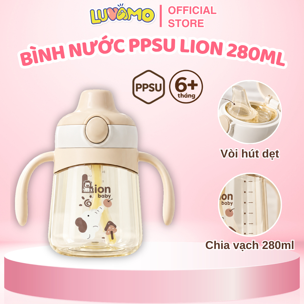 Bình tập uống nước Lionbaby 280ml, thân PPSU cao cấp, nắp bật cho bé từ 6 tháng Luvamo