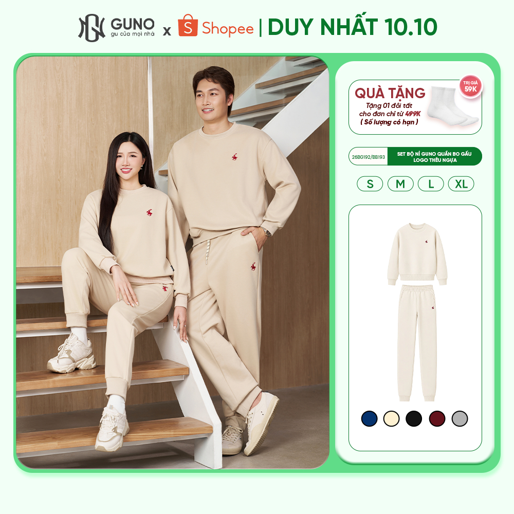 Bộ quần áo nỉ nam nữ GUNO cao cấp cổ tròn thêu ngựa phối quần bo gấu thời trang 26BG192/BB193