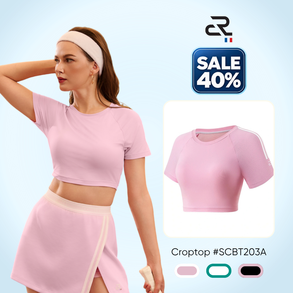 Áo croptop thể thao nữ tay ngắn có mút tích hợp, vải ASKIN làm mát thoát ẩm tập Gym Yoga Pickleball | CORÈLE SCBT203A