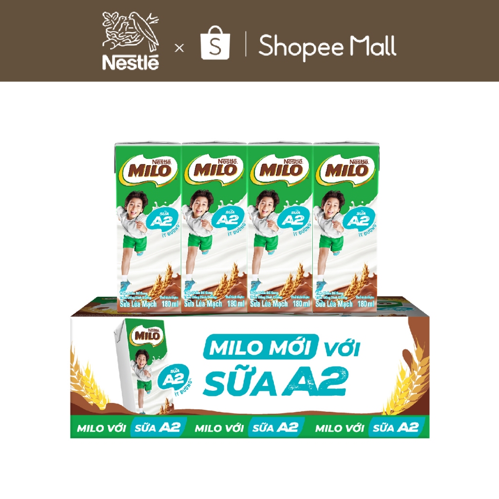 Thùng Sữa lúa mạch Nestle MILO với sữa A2 dạng hộp 12 lốc x(4x180 ml)
