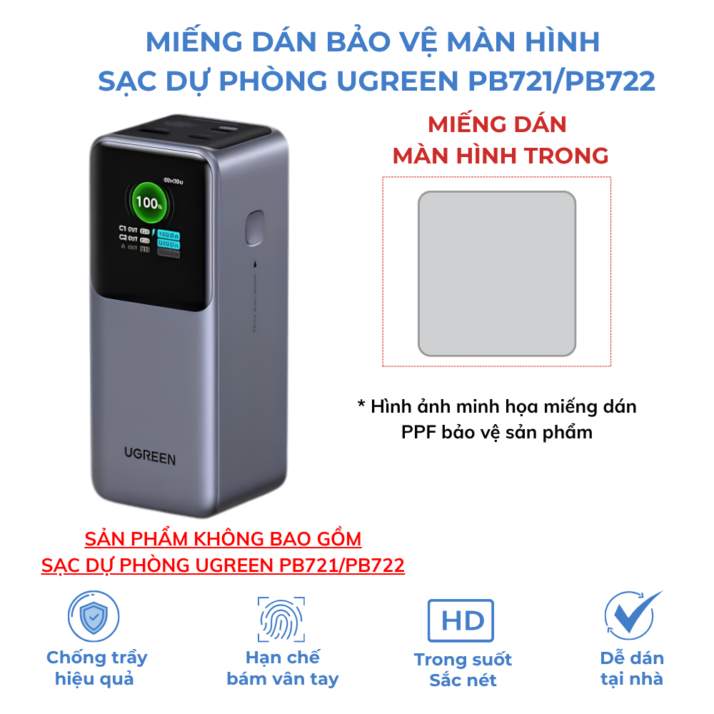 Miếng Dán PPF Màn Hình Trong Cho Sạc Dự Phòng UGREEN PB721 / PB722 - Chống Trầy Xước, Chống Ố Vàng | BigBuy360 - bigbuy360.vn