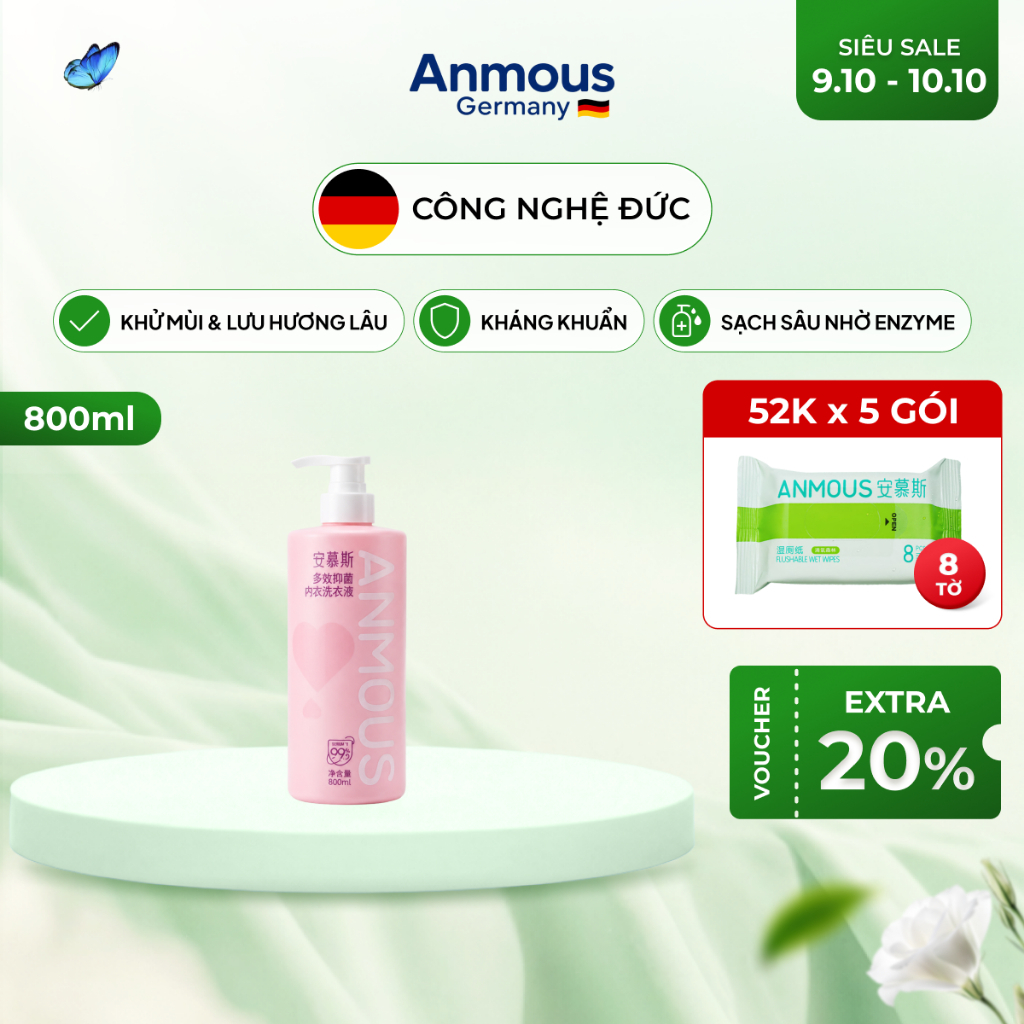 [CHỈ 79K - HSD T10/2026] Nước Giặt Đồ Lót Kháng Khuẩn Anmous - Công Nghệ Enzyme, Dịu Nhẹ Cho Da - Không Bạc Màu - 800ml