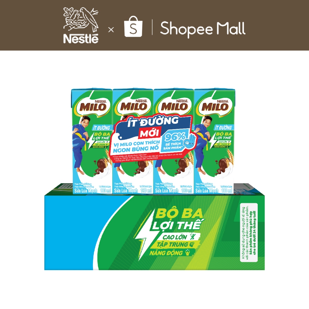 Thùng Sữa lúa mạch Nestle MILO ít đường dạng hộp 12 lốc x(4x180 ml)