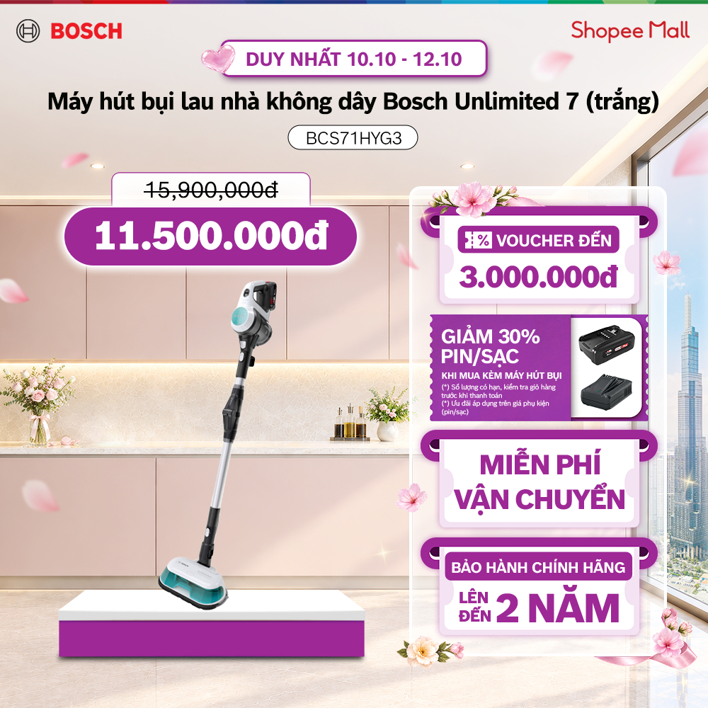 10.10 - 12.10 |PIN/SẠC GIẢM 30% KHI MUA KÈM| Máy hút bụi lau nhà không dây 2 in 1 Bosch BCS71HYG3 ProHygienic (trắng)
