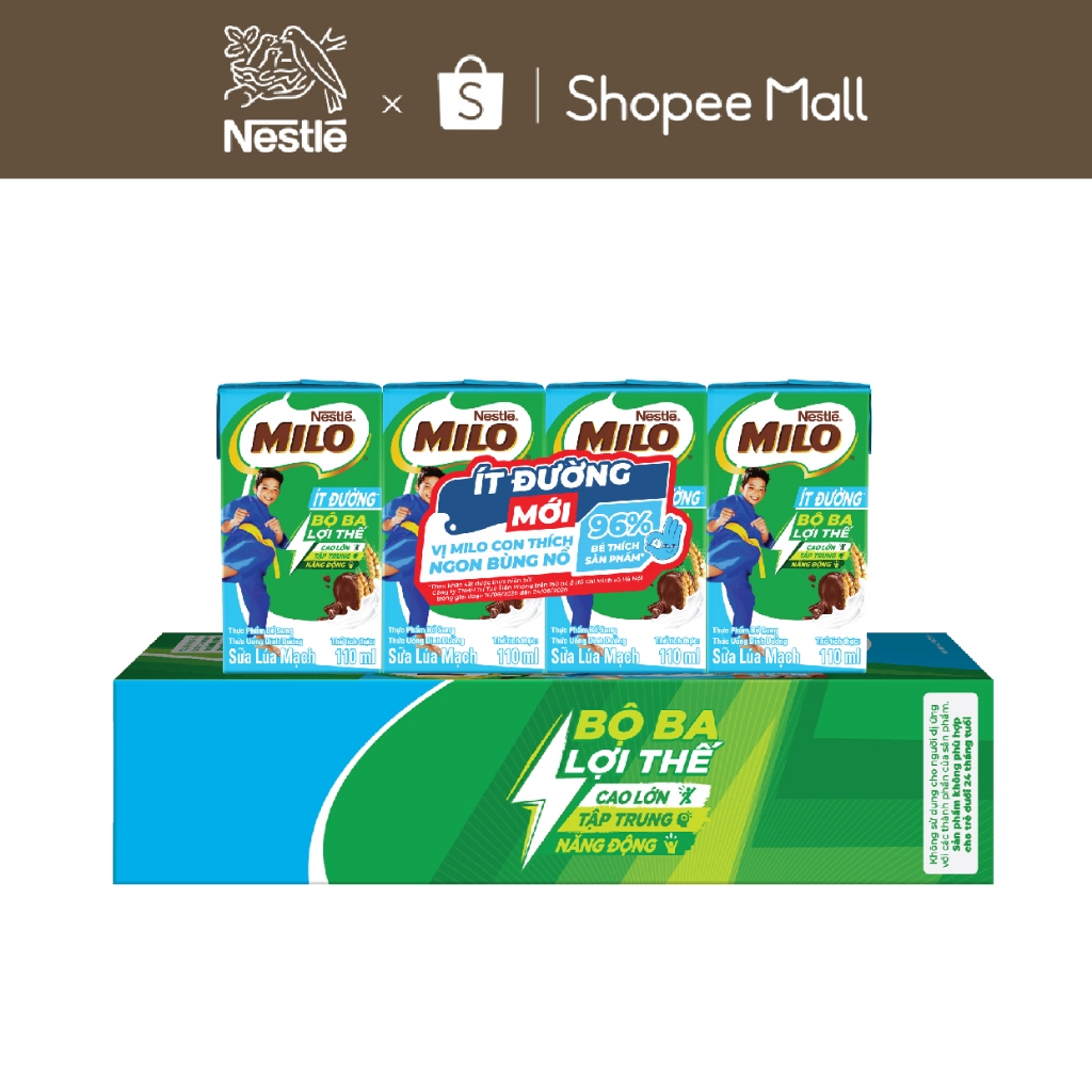 Thùng Sữa lúa mạch Nestle MILO ít đường dạng hộp 12 lốc x(4x110 ml)
