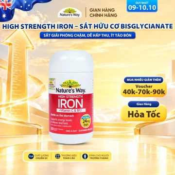 Viên Uống Sắt Hữu Cơ, Sắt Bầu Nature’s Way High Strength Iron Bổ Sung Sắt,Vitamin C,B12 Hỗ Trợ Hấp Thu Tốt Hơn 30v