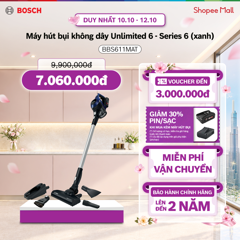 10.10 - 12.10 |PIN/SẠC GIẢM 30% KHI MUA KÈM| Máy hút bụi không dây Bosch Unlimited 6 BBS611MAT - Series 6 (màu xanh)