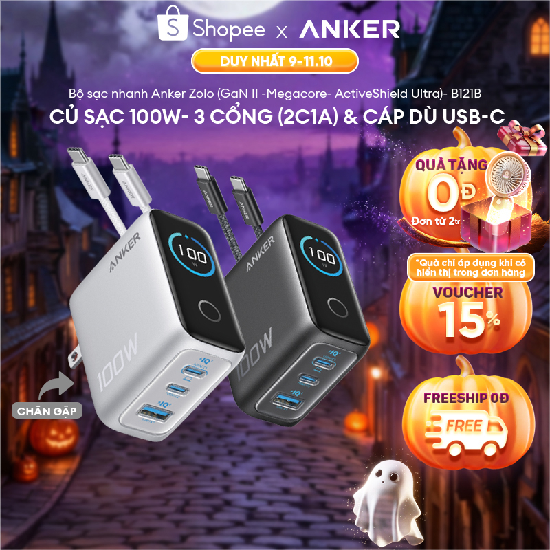 [Phù hợp iP18] Bộ sạc nhanh Anker 100W Smart Display | 3 cổng 2C1A | Công nghệ GaN | Dành cho Laptop, iPhone - B121B