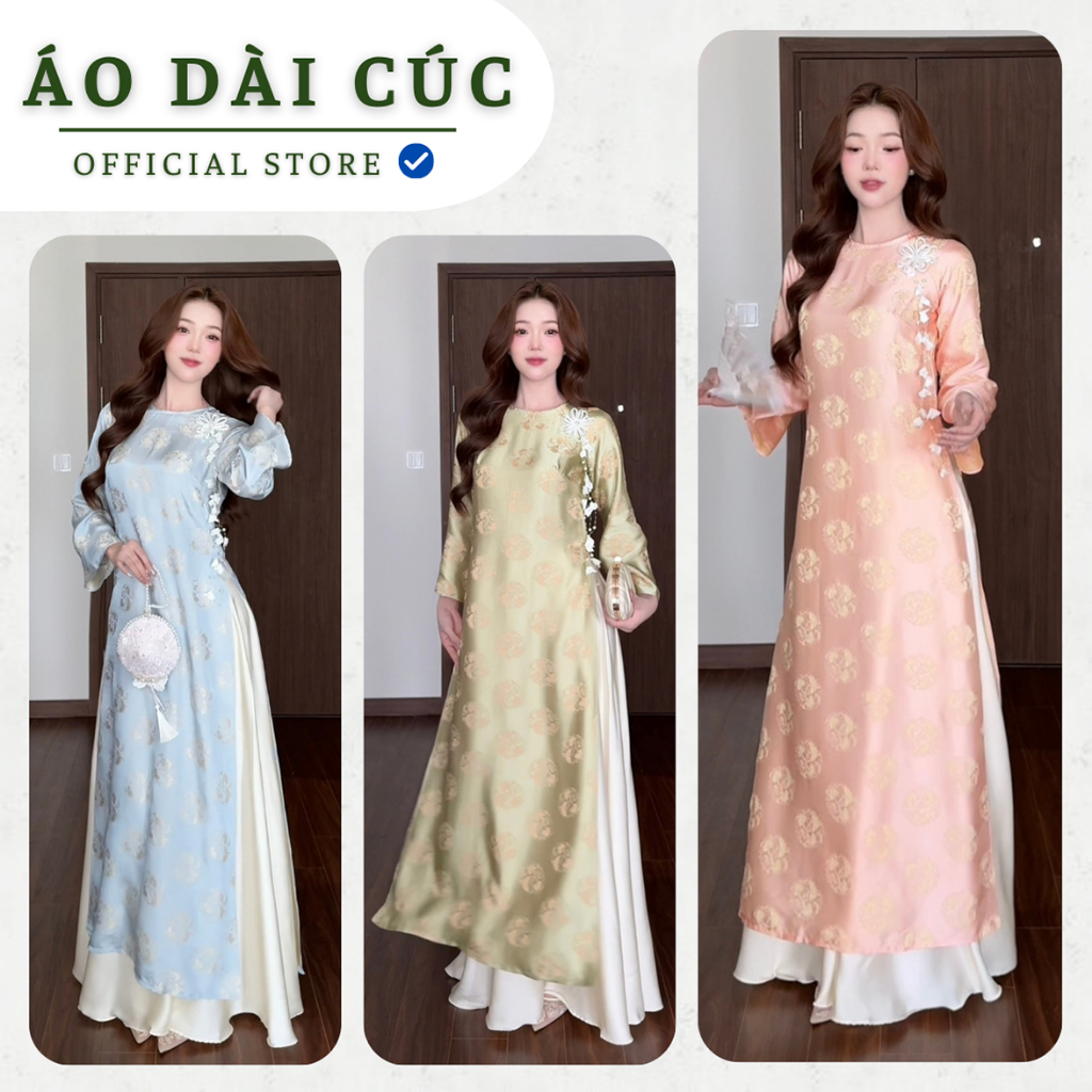 Áo dài cách tân AN VY , dáng form suông thoải mái, chất liệu gấm tơ, phù hợp các dịp đi chơi, lễ tết - Áo Dài Cúc