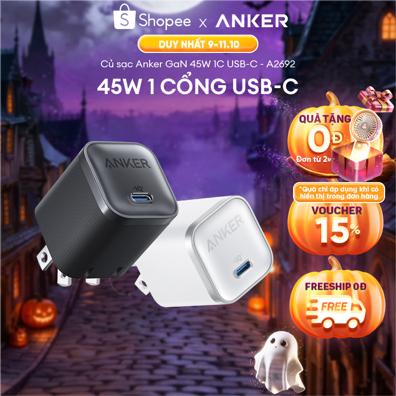 [Samsung/iPhone 15-17/Macbook] Củ sạc nhanh Anker Nano 45W | 1 cổng USB-C | Chân gập nhỏ gọn | Sạc nhanh an toàn - A2692