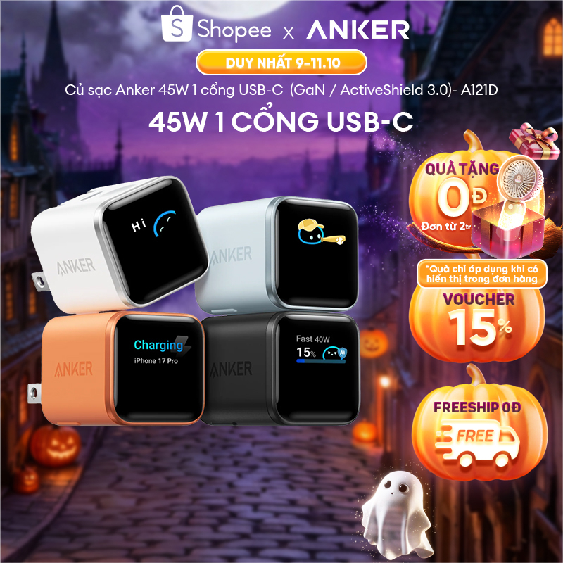 Củ Sạc Nhanh Anker Nano 45W | Màn Hình LED | Chân gập 180° | Sạc iPhone 15/16/17, Samsung, iPad - A121D