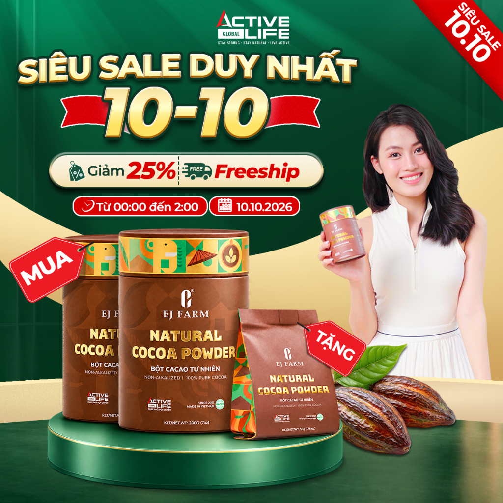[Combo 2 Hộp] Bột Cacao Tự Nhiên Natural EJ Farm Nguyên Chất, Không Kiềm Hóa, Bơ Cacao 24-26%