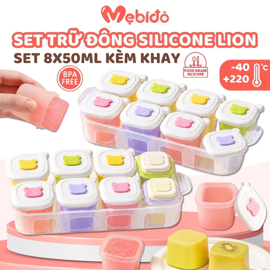 Hộp Trữ Đông Set 6 - Set 8 Hộp Ăn Dặm Silicon Lionbaby Kèm Khay Trữ Đông Đồ Ăn Dặm Cho Bé - Shop Mẹ Bí Đỏ