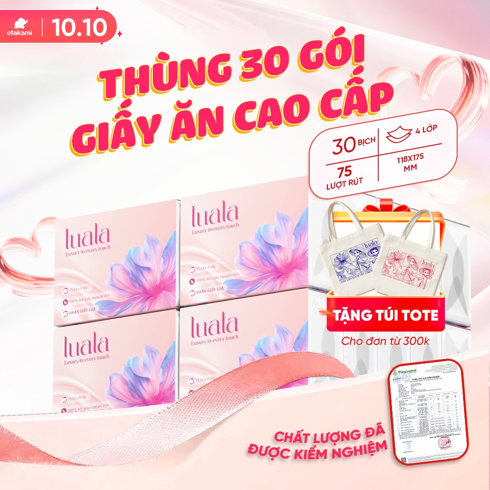 Thùng 30 gói khăn giấy ăn cao cấp LUALA 4 lớp, giấy ăn rút mềm mại siêu dai không chất tẩy trắng