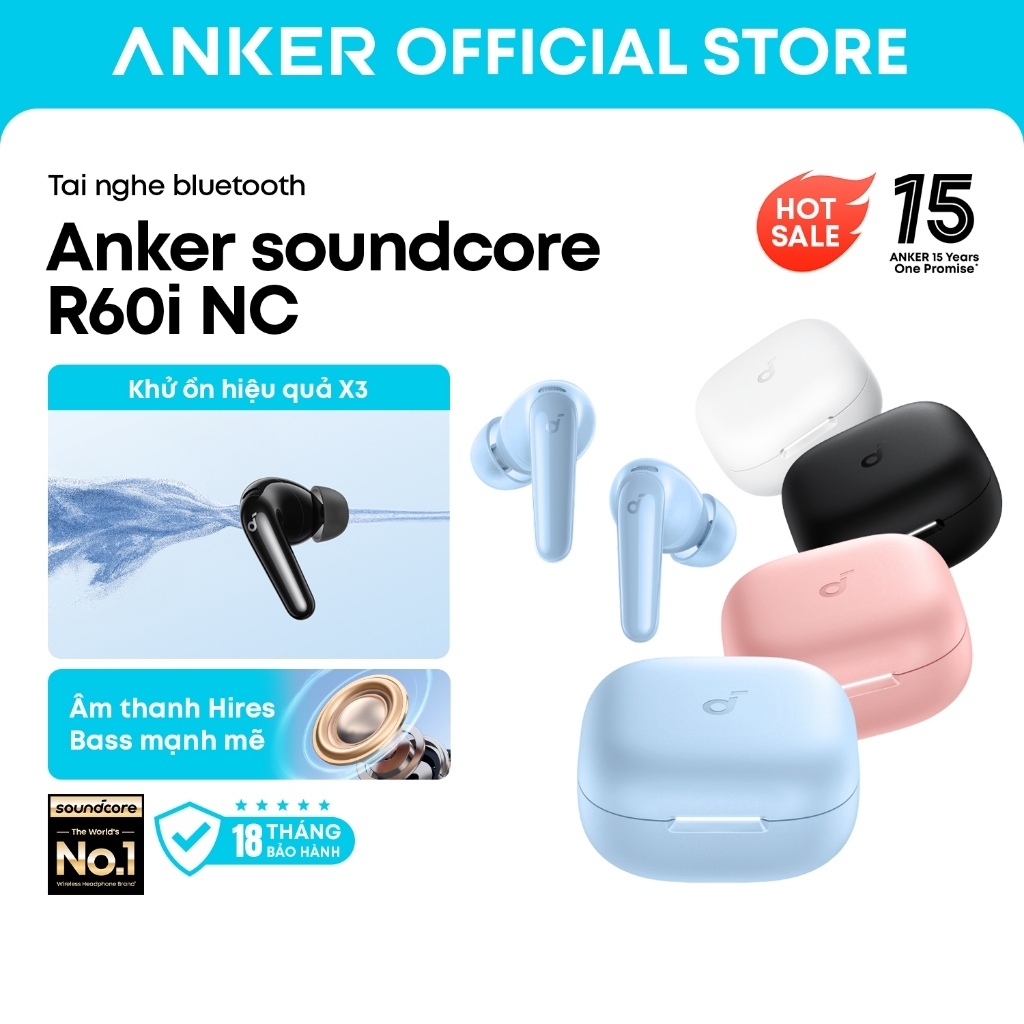 Anker soundcore Tai nghe bluetooth R60i NC, chống ồn 52dB, âm thanh Hi-Res, pin 50H, phiên dịch AI D1202