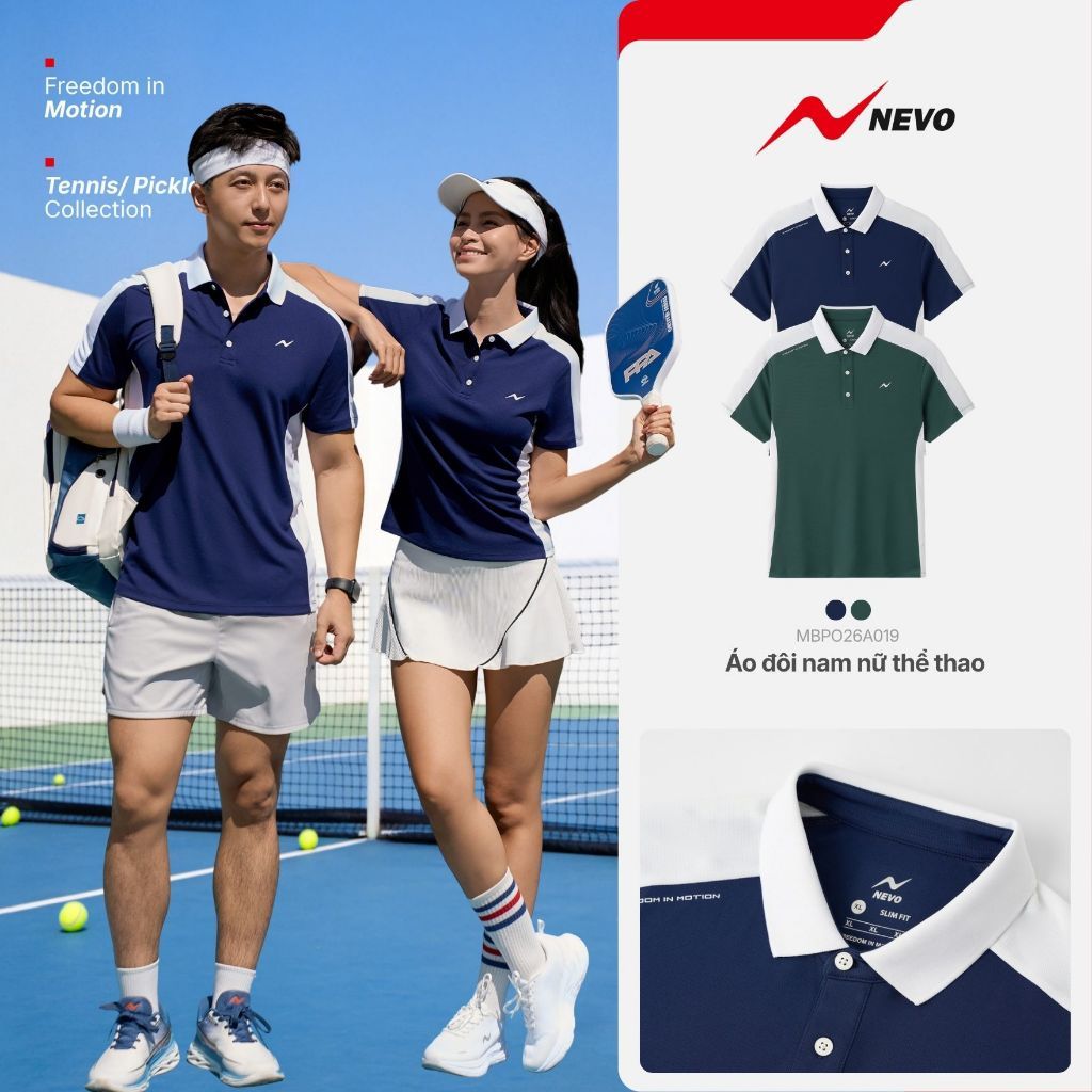 [ƯU ĐÃI 20/10 GIẢM 100K] Combo Áo Polo Đôi Nam Nữ Phối Kẻ Thể Thao Tennis Pickleball NEVO WBPO26A013 & MBPO26A020