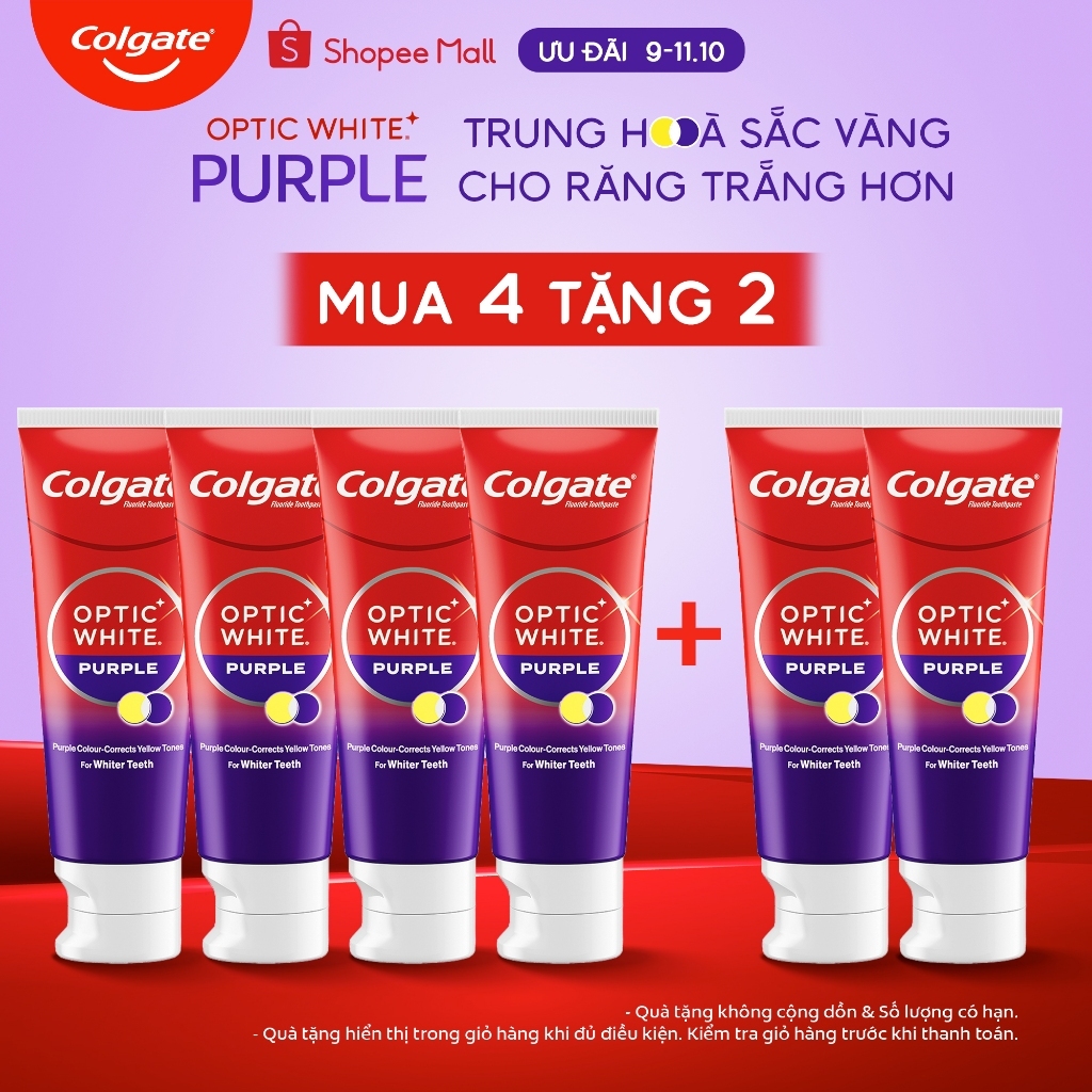 Bộ 4 Kem Đánh Răng Colgate trắng răng Optic White Purple 100g công nghệ sắc tím, trung hòa ố vàng tức thì