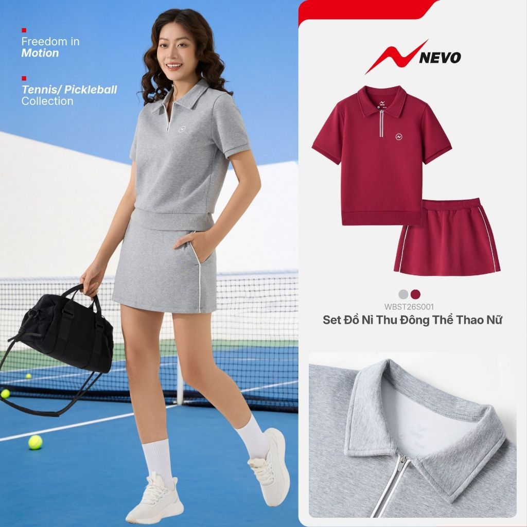 Set Đồ Nỉ Thu Đông Thể Thao Nữ NEVO Áo Cổ Nẹp Khóa Chân Váy Co Giãn Pickleball Tennis Golf WBST26S001