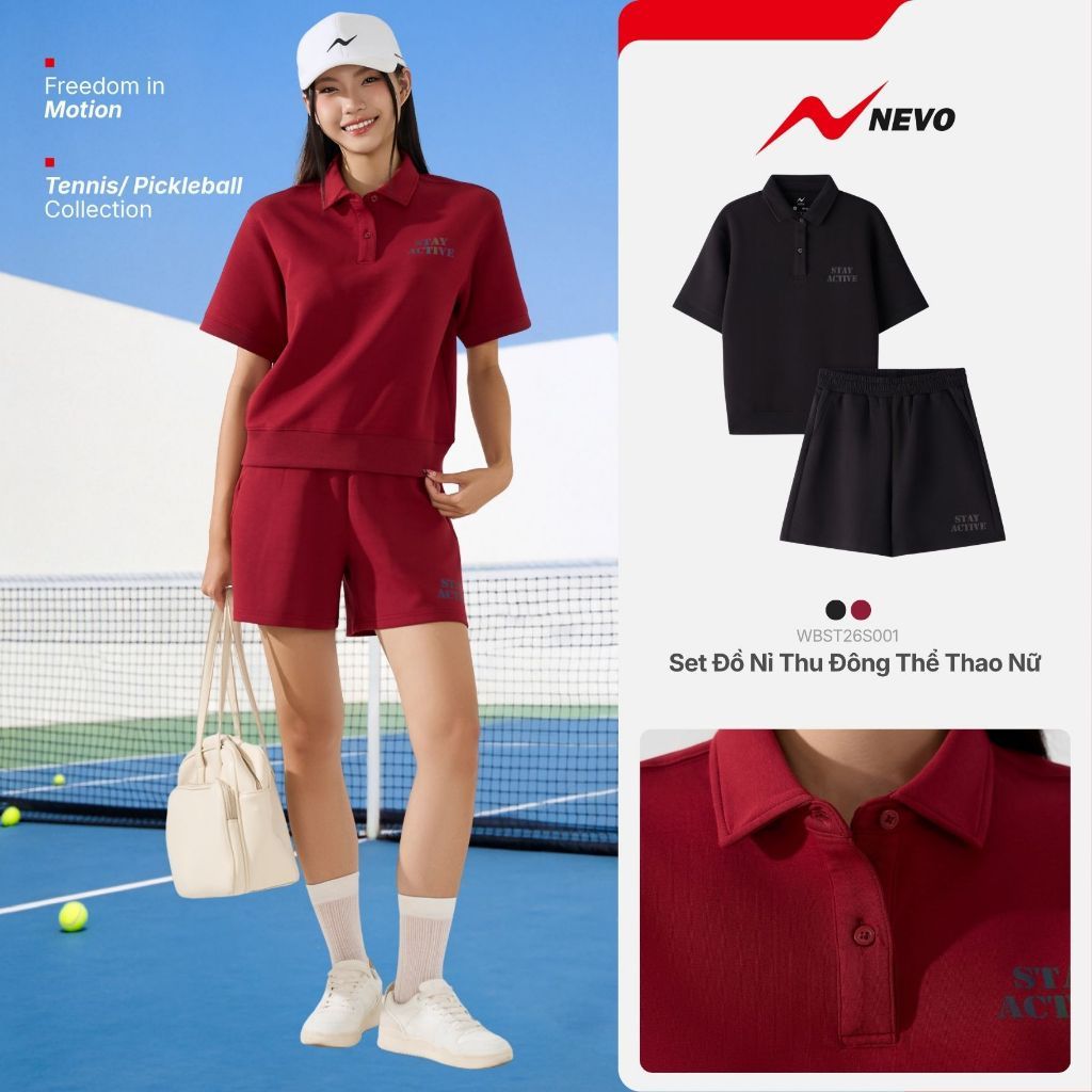 Set Đồ Nỉ Thu Đông Thể Thao Nữ NEVO Áo Polo Quần Shorts Co Giãn Thoáng Khí Tập Pickleball Tennis Golf Gym WBST26S003