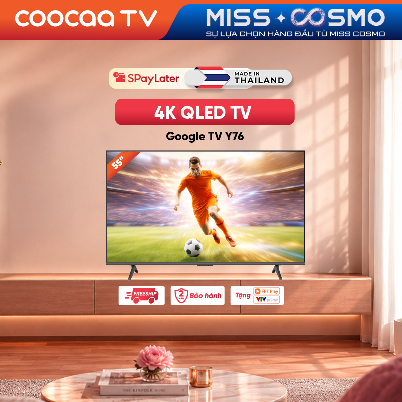 [QLED] Smart Google TV COOCAA 55 inch QLED 55Y76 Điều Khiển Bằng Giọng Nói | HSR 120Hz | HDR10+ -Miễn phí lắp đặt HN&HCM