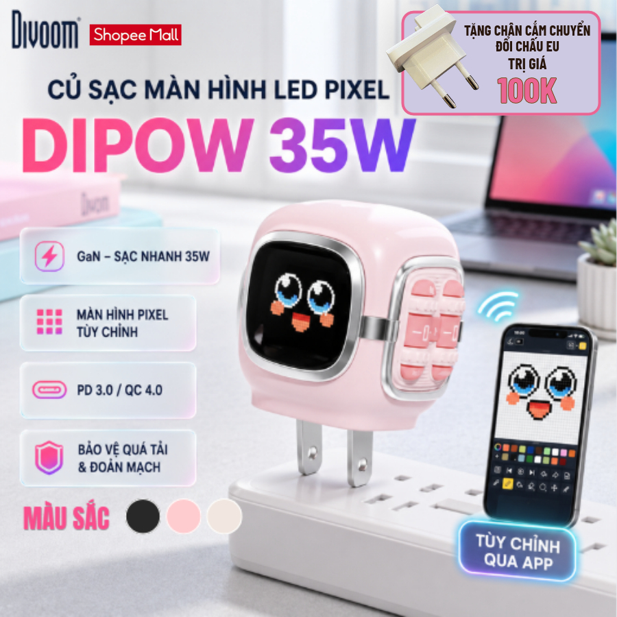 Sạc nhanh PD 35W Dipow Divoom màn hình LED Pixel cổng USB-C chân gập 90 độ chống quá tải và đoản mạch - Chính hãng
