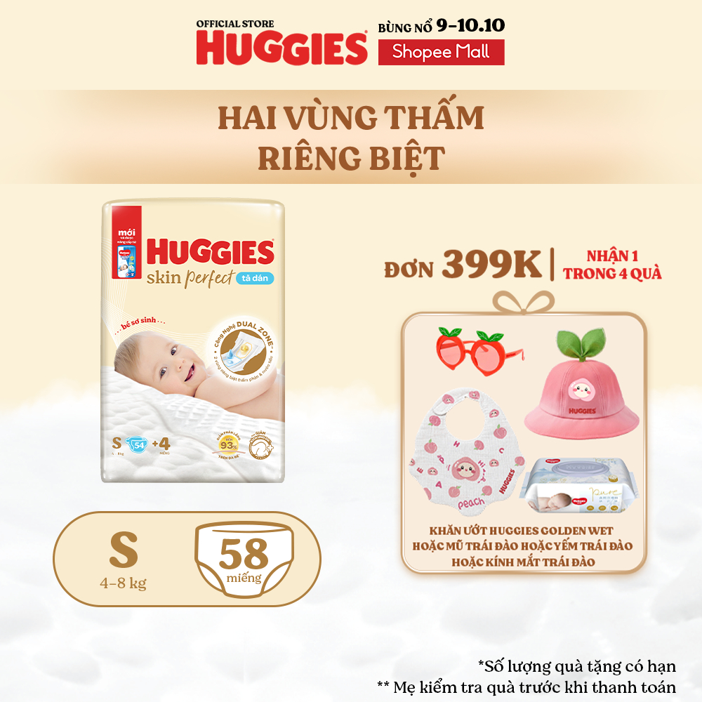 Tã/bỉm dán sơ sinh Huggies Skin Perfect S 54+4 miếng với 2 vùng thấm giảm kích ứng da