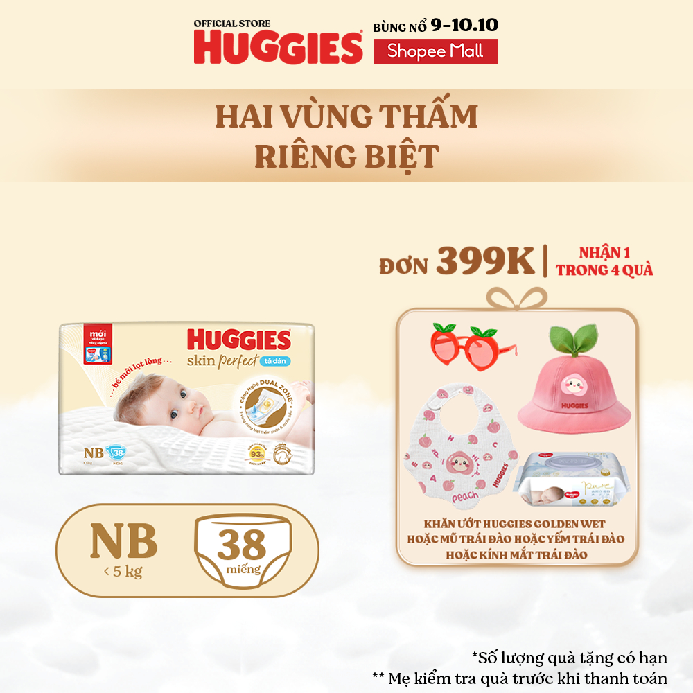 Tã/bỉm dán sơ sinh Huggies Skin Perfect NB 38 miếng với 2 vùng thấm giảm kích ứng da