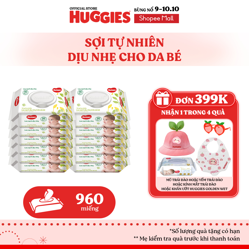 Thùng 12 gói khăn ướt Huggies không mùi cao cấp, lau sạch dịu nhẹ cho bé (80 miếng/gói)