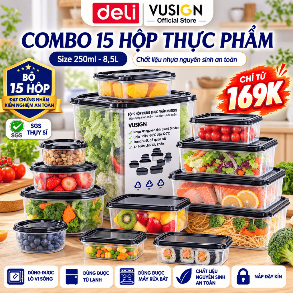 🔥COMBO Bộ 15 Hộp Đựng Thực Phẩm DELI x VUSIGN 250–8500ml Hộp Thức Ăn Dùng Lò Vi Sóng Tủ Đông Lạnh