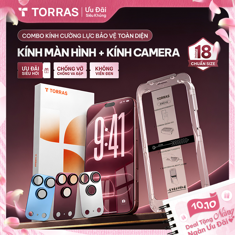 [Combo Bảo Vệ Toàn Diện] TORRAS Kính Cường Lực iPhone Trong Suốt + Kính Bảo Vệ Camera, Không Viền Đen, Chống Trầy, 17/18