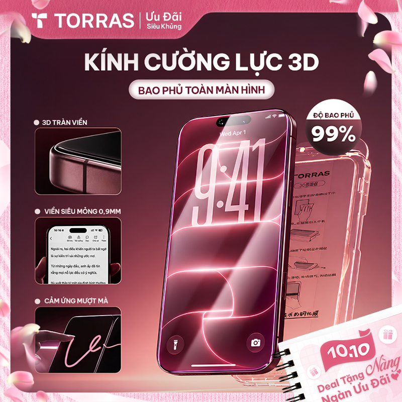 TORRAS Kính Cường Lực iPhone 15/16/17/18 3D Full Màn Hình, Viền Đen, Siêu Mỏng, Tự Dán Dễ Dàng
