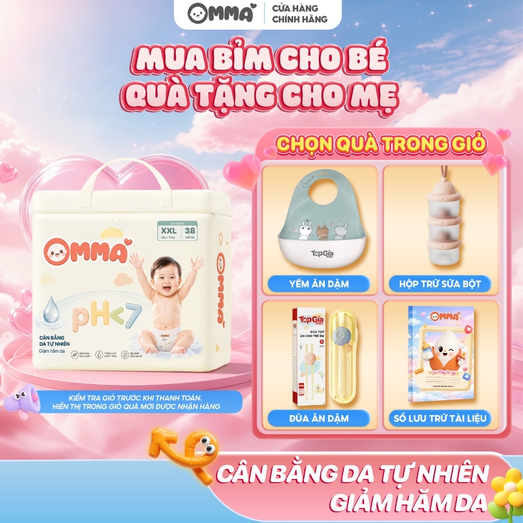 Tã bỉm quần dán Em Bé OMMA pH<7 hỗ trợ kháng khuẩn, mềm mại, chống tràn, khô thoáng cả ngày S/M/L/XL/XXL/XXXL