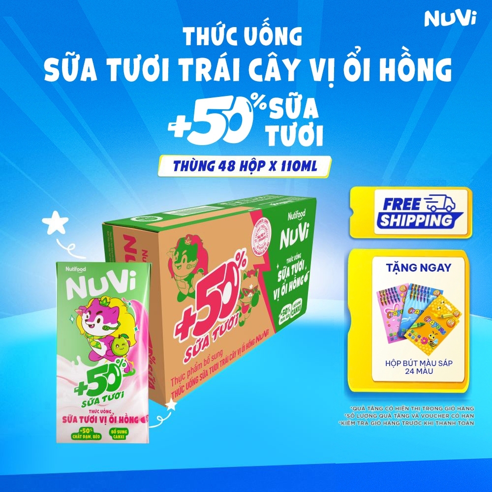 Thùng 48 hộp Thức uống Sữa tươi trái cây 50ST Nuvi Ổi 110ml