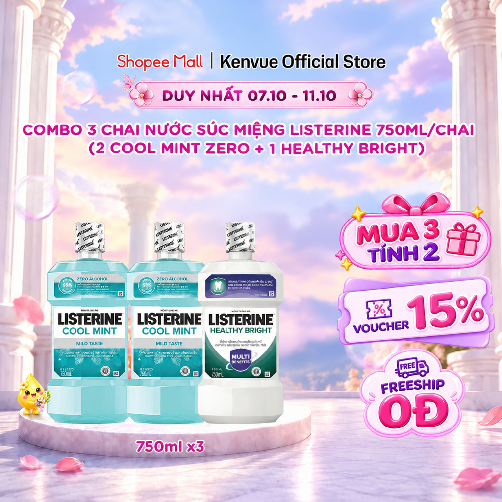 [MUA 3 TÍNH TIỀN 2] Combo 3 Chai Nước Súc Miệng Listerine 750ml/chai (2 Cool Mint Zero + 1 Healthy Bright)
