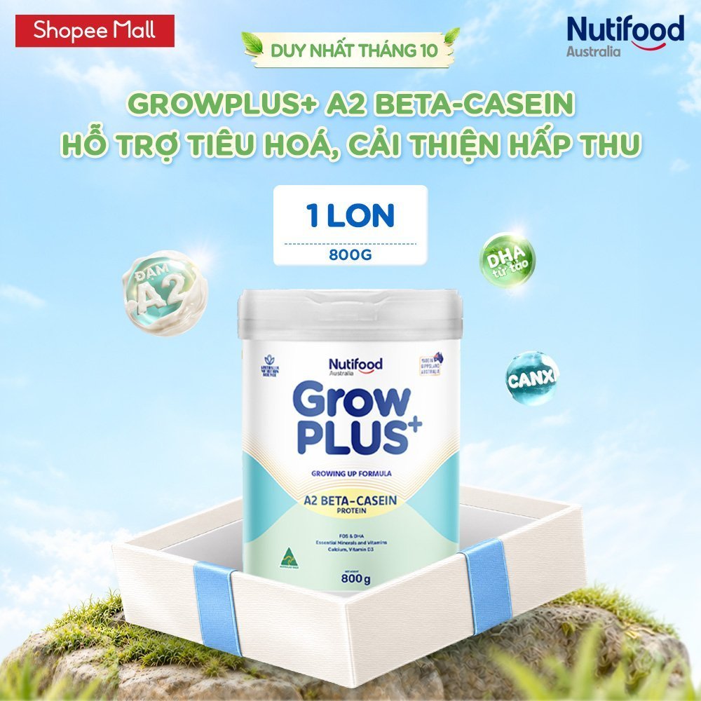 Sữa bột Nutifood Australia GrowPLUS+ Đạm A2 800g hỗ trợ tiêu hóa, hấp thu dưỡng chất