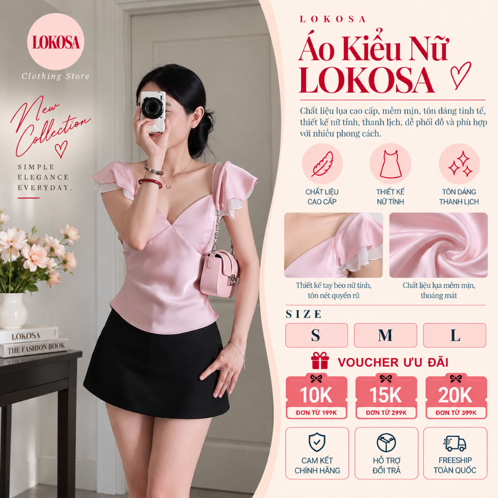 Áo Kiểu Nữ LOKOSA Áo Lụa Tay Bèo Cánh Tiên Cổ V Dáng Ôm Chiết Eo Sang Trọng Thanh Lịch Đi Chơi Hẹn Hò AO019